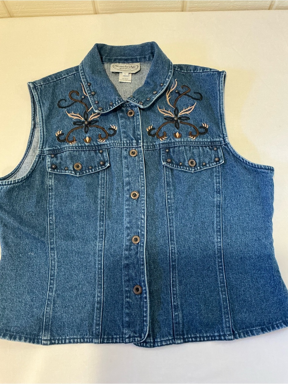 Vintage Denim Embroidered Vest Boho Embellished Women Sz L